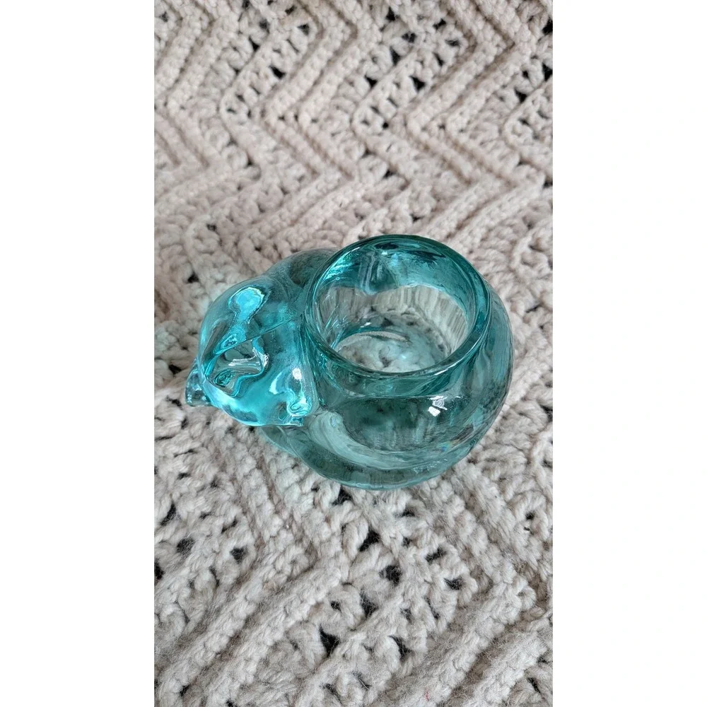 Vintage Indiana Glass Green-Blue Sleeping Cat Votive Candle Holder Figurine